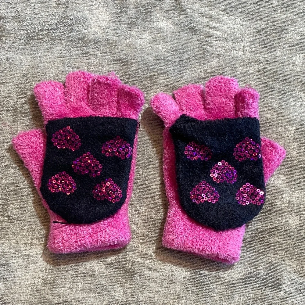 Pink & Black fuzzy Kids' Sequin fingerless mittens {1225}